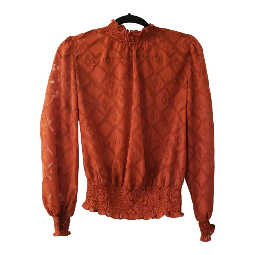 Ophelia Roe Top Womens Red Orange Blouse Smock High Neck Long Sleeve Medium